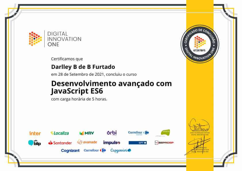 Certificação DIO do curso de Desenvolvimento avançado com JavaScript ES6