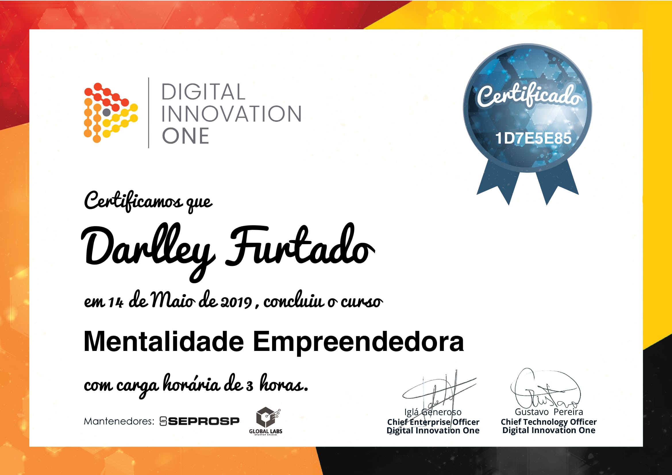 Certificação DIO do curso de empreendedorismo