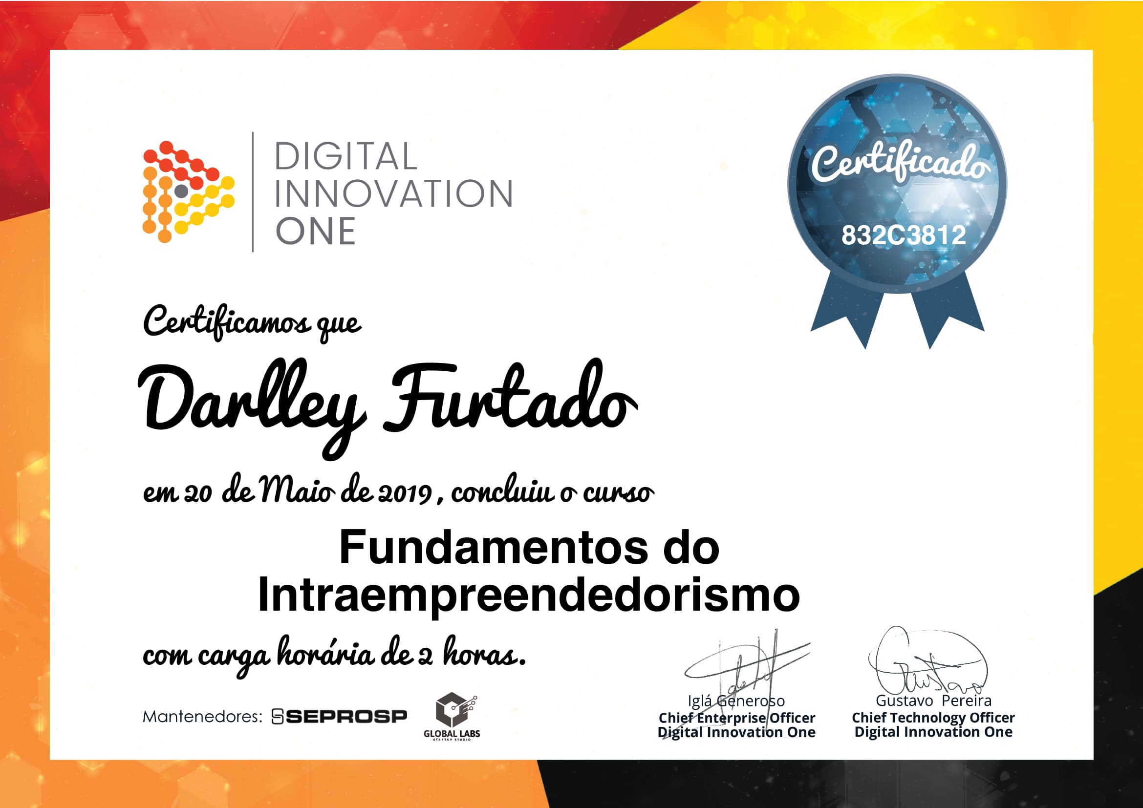 Certificação DIO do curso de Intra-empreendedorismo