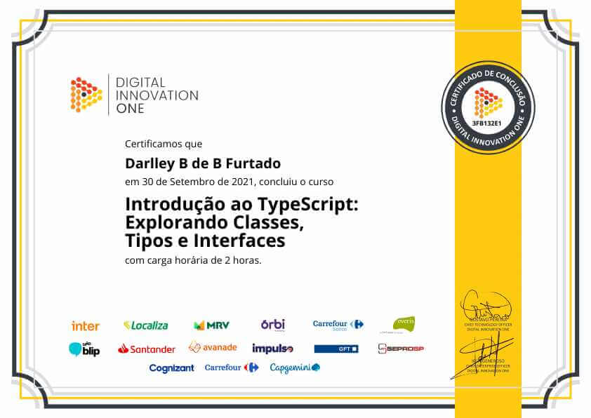 Certificação DIO do curso de Intordução ao TypeScript