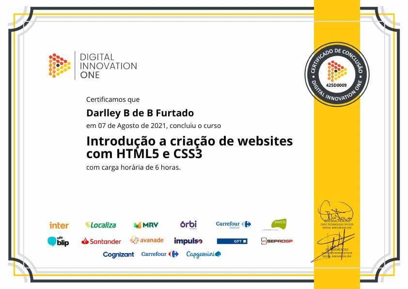 Certificação DIO do curso de Introdução a criação de sites