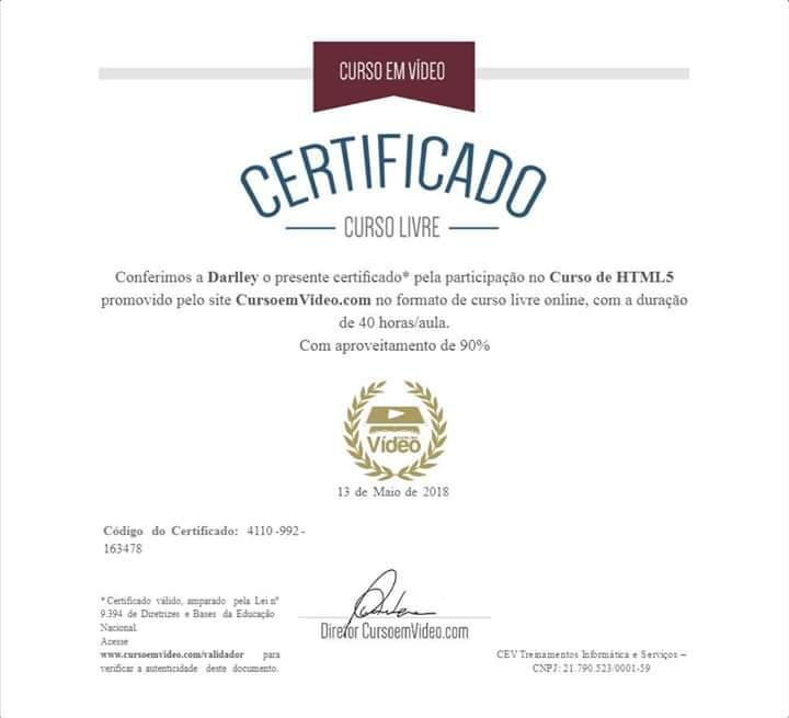 Certificação do Curso em Vídeo do curso de HTML e CSS