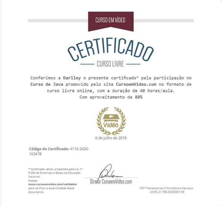 Certificação do Curso em Vídeo do curso de Java