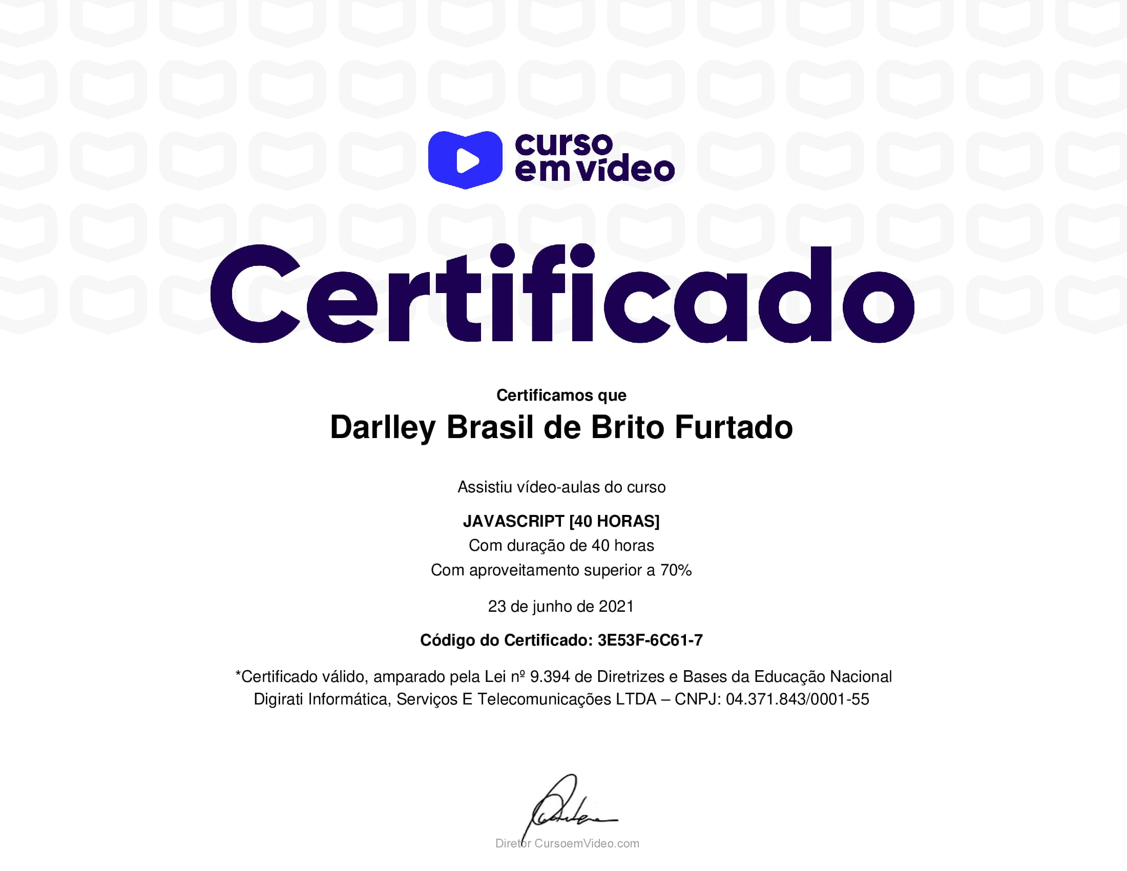 Certificação do Curso em Vídeo do curso de JavaScript