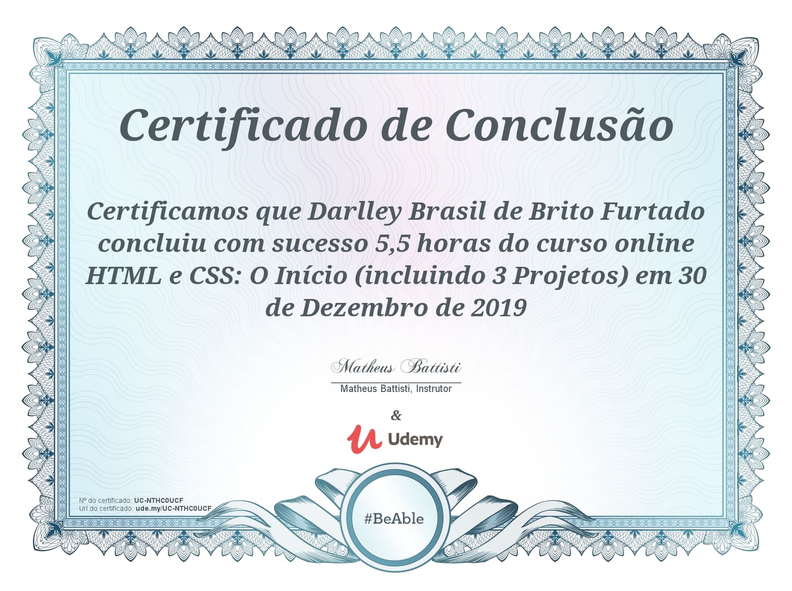 Certificação do Matheus Battisti do curso de HTML e CSS