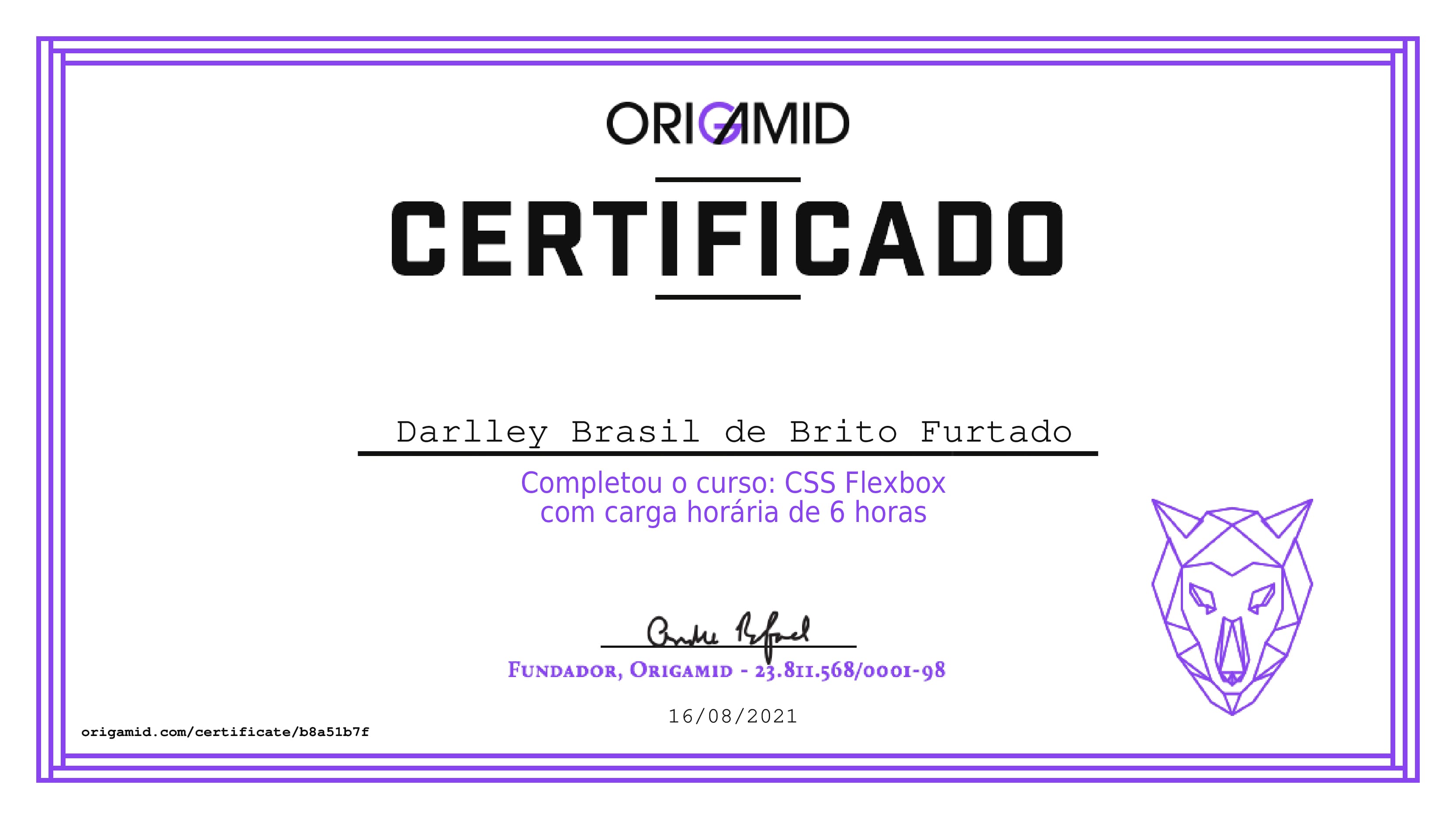 Certificação da Origamid do curso de Flexbox