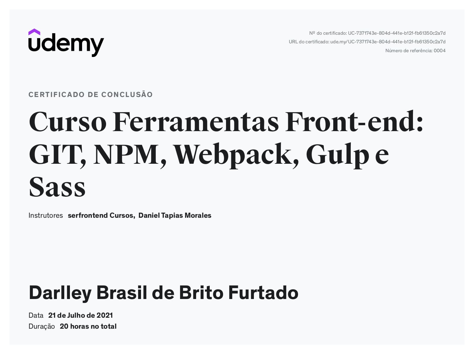 Certificação da Serfrontend do curso de Ferramentas Front-end